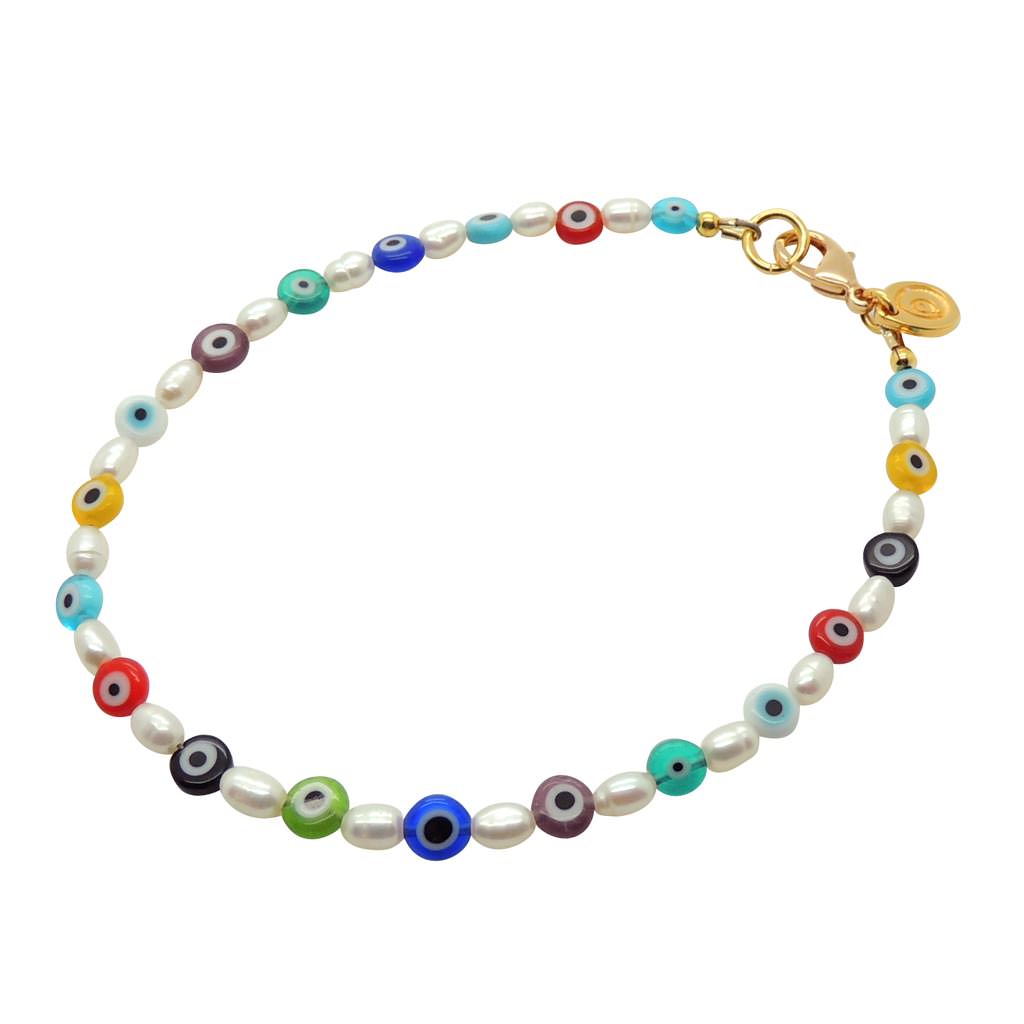 Dana Levy Multicolour Evil Eye Charm Freshwater Pearl Anklet - Gold Plate 