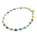 Dana Levy Multicolour Evil Eye Charm Freshwater Pearl Anklet - Gold Plate 