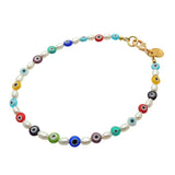 Dana Levy Multicolour Evil Eye Charm Freshwater Pearl Anklet - Gold Plate 