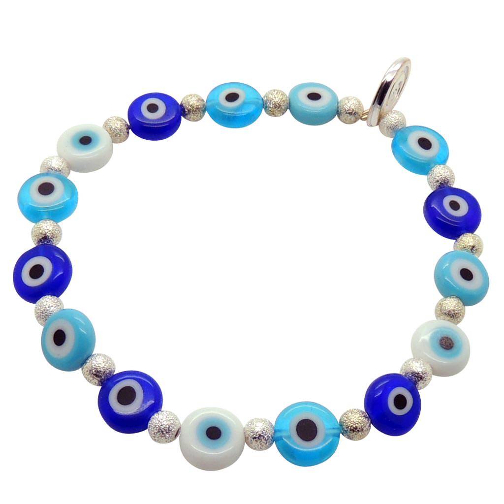 Dana Levy Mini Ocean Blue Glass Evil Eye Charm Bracelet - Shiny Silver Plate