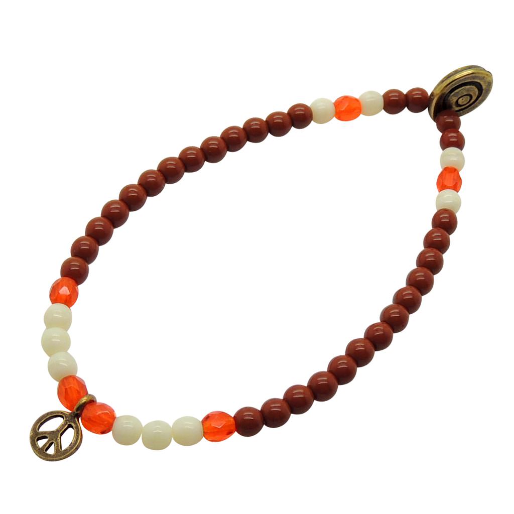 Dana Levy Mini Peace Symbol Charm Glass Bead Mix Bracelet - Antique Gold / Brown / Ivory / Sun Orange 