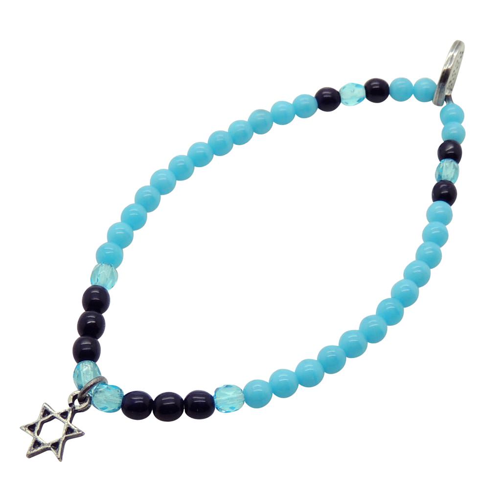Dana Levy Mini Star of David Charm Glass Bead Mix Bracelet - Antique Silver / Turquoise / Navy Blue / Sky Blue 