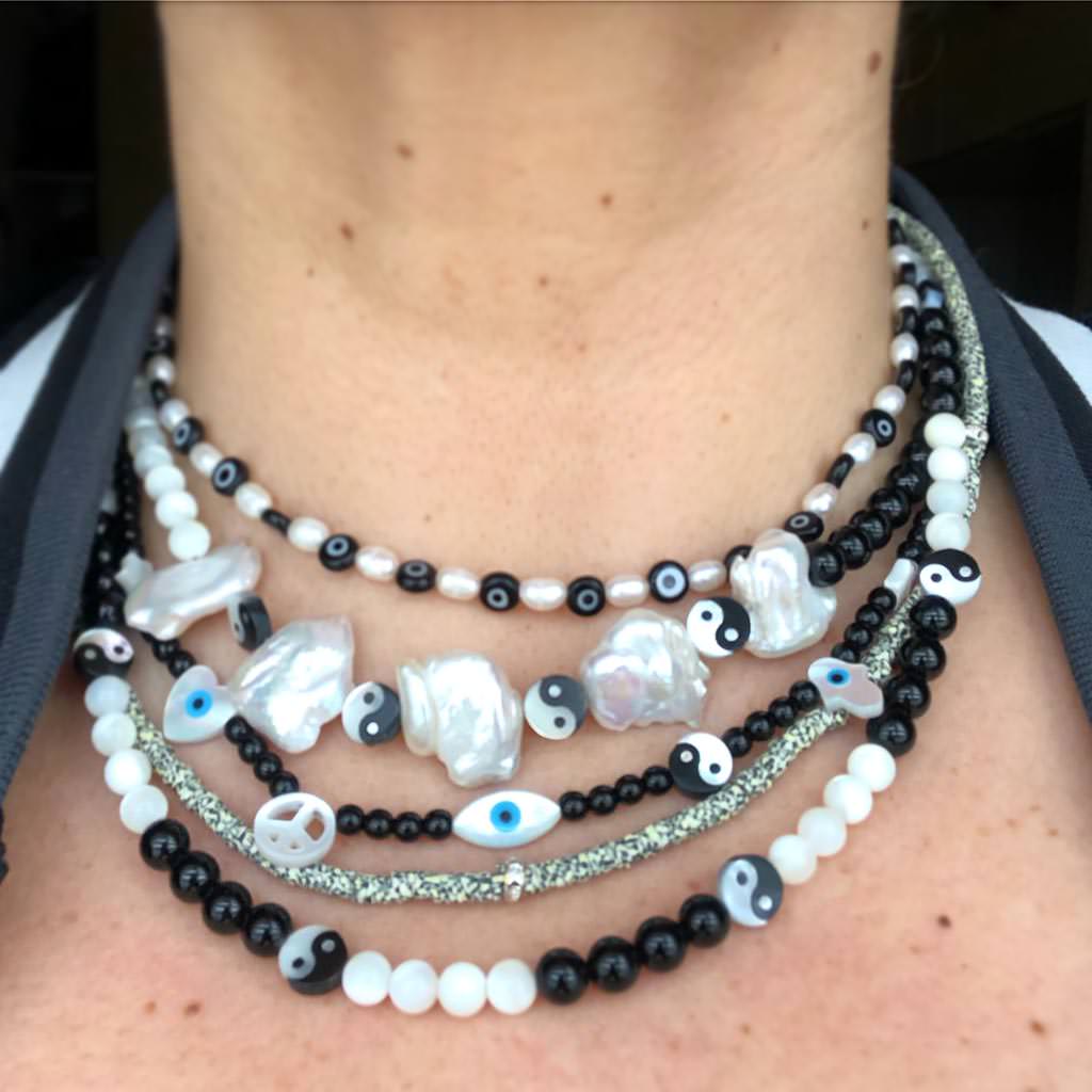 Dana Levy Mother of Pearl Symboleyes Glass Bead Necklace - Black Neck Mess