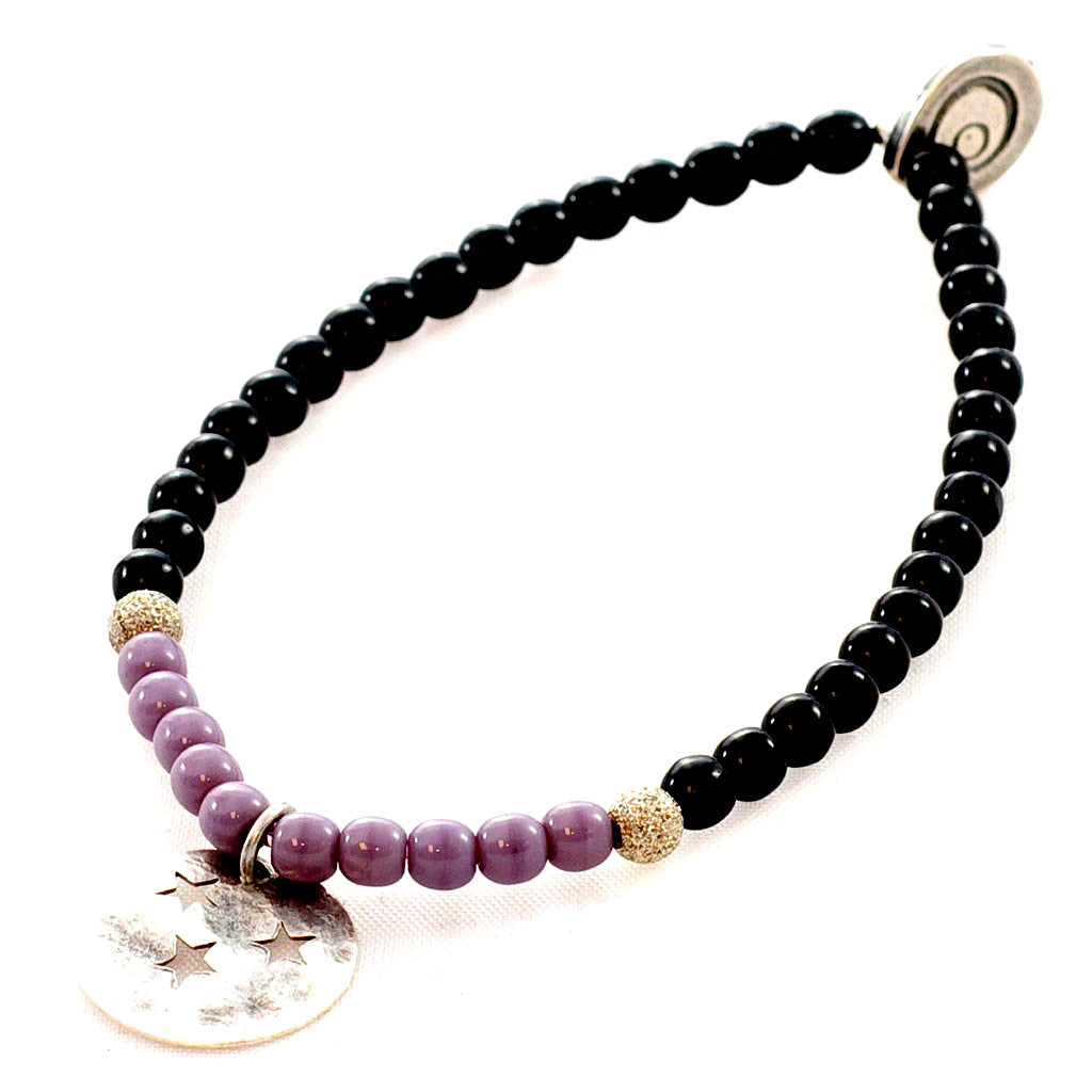 Dana Levy Moon & Stars Glass Bead Bracelet - Ant. Silver Black Dk Lilac