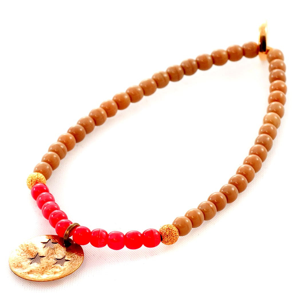 Dana Levy Moon & Stars Charm Glass Bead Bracelet - Ant. Gold Coral Coffee