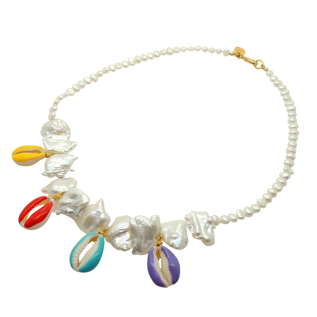 Dana Levy Multicolour Cowrie Shell Charm Freshwater Pearl Necklace - Gold Plate