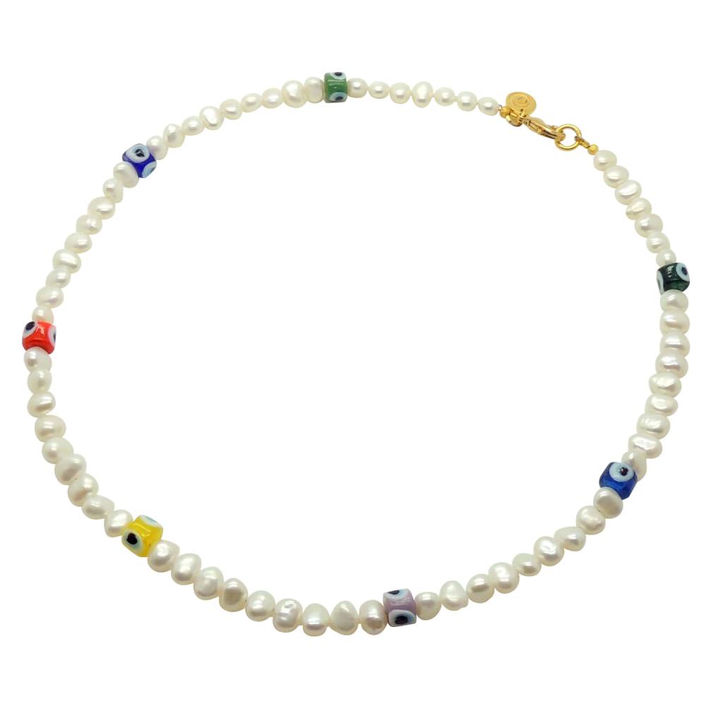 Dana Levy Multicolour Glass Evil Eye Rondelle Charms Freshwater Pearl Necklace