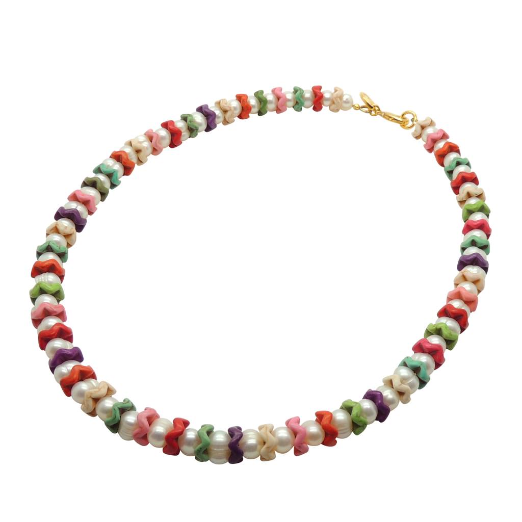 Dana Levy Multicolour Howlite Gemstone Wave Freshwater Pearl Necklace - Gold Plate