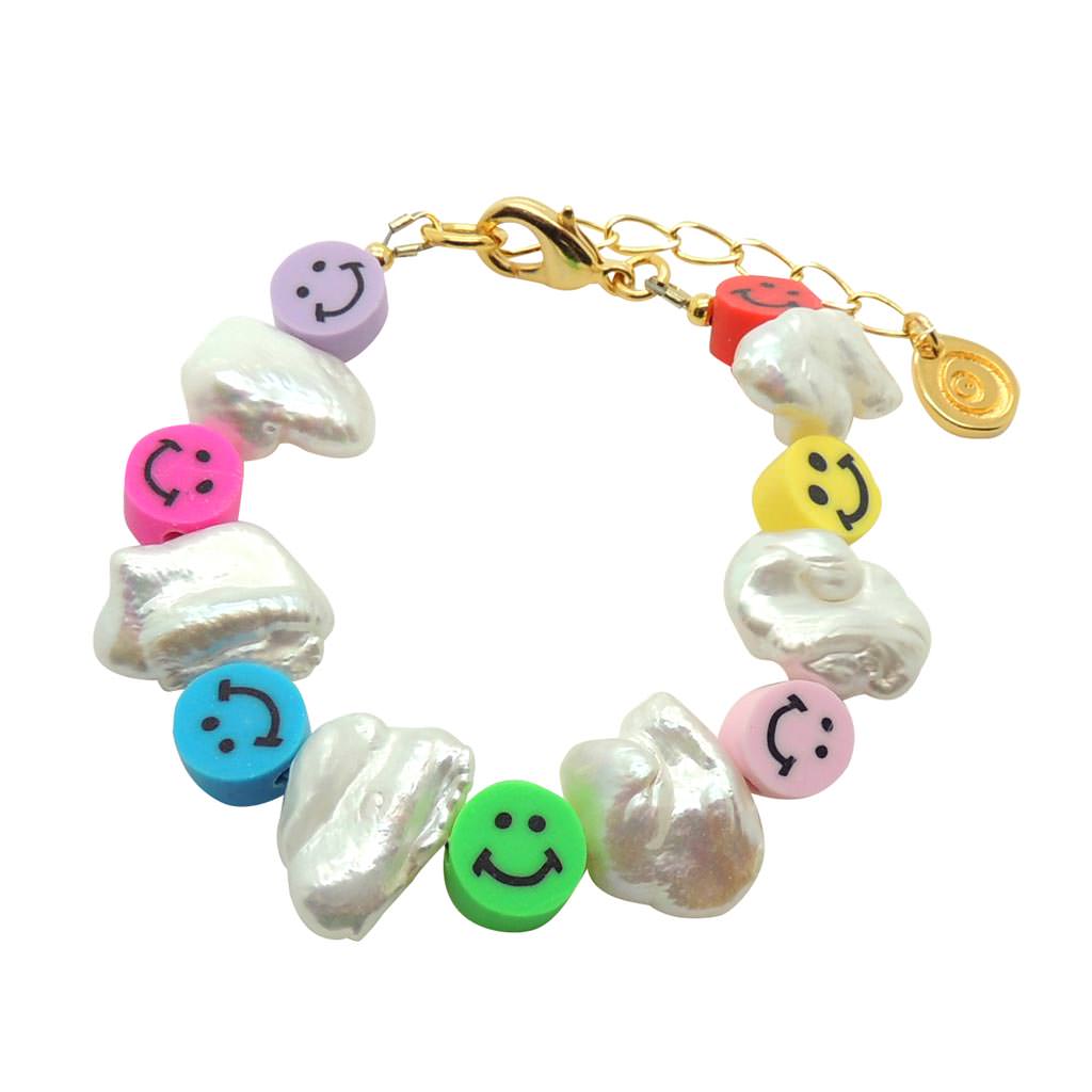 Dana Levy Multicolour Smiley Charm Freshwater Pearl Bracelet - Gold Plate