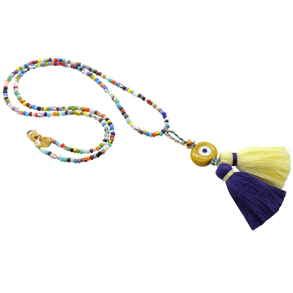 Dana Levy Multicolour Evil Eye Nugget Charm Tassel Duo Balagan Glass Bead Necklace - Mustard Yellow Evil Eye / Baby Yellow Indigo Tassel Duo 