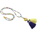 Dana Levy Multicolour Evil Eye Nugget Charm Tassel Duo Balagan Glass Bead Necklace - Mustard Yellow Evil Eye / Baby Yellow Indigo Tassel Duo 