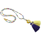 Dana Levy Multicolour Evil Eye Nugget Charm Tassel Duo Balagan Glass Bead Necklace - Mustard Yellow Evil Eye / Baby Yellow Indigo Tassel Duo 
