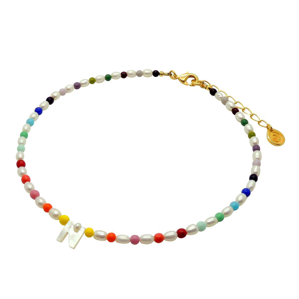 Dana Levy Mother of Pearl Initial Alphabet Charm Freshwater Pearl Rainbow Choker - Letter N Gold Plate