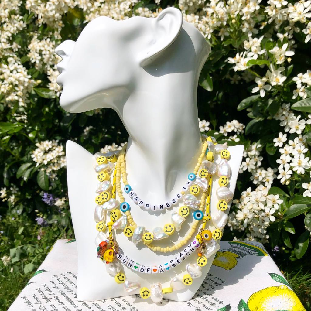 Dana Levy Smiley Charm Freshwater Pearl Choker - Yellow Necklace Stack Mannequin