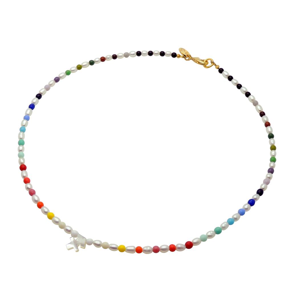 Dana Levy Mother of Pearl Shell Zodiac Symbol Freshwater Pearl Rainbow Glass Bead Necklace - Sagittarius Gold Plate