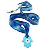 Dana Levy Multicolour Glass Hamsa Hand Amulet Wild Silk Ribbon Necklace - Turquoise Hamsa Hand Blue Leopard Print Cord