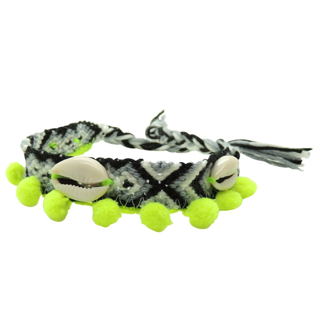 Dana Levy Seashell Charm Pompom Midi Friendship Bracelet - Black Grey Mix & Neon Green Pompom
