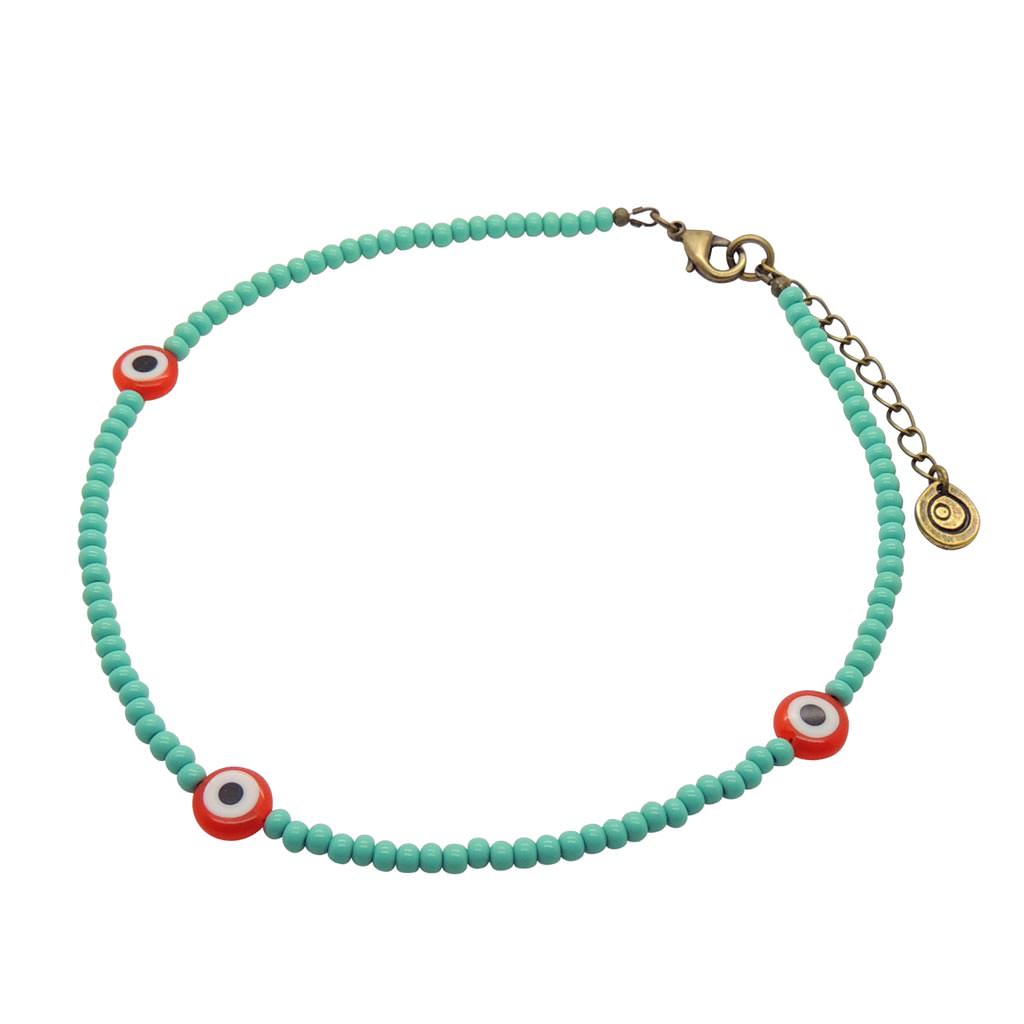 Dana Levy Evil Eye Charm Glass Bead Choker - Opaque Orange Evil Eye Charms /Aqua Glass Beads