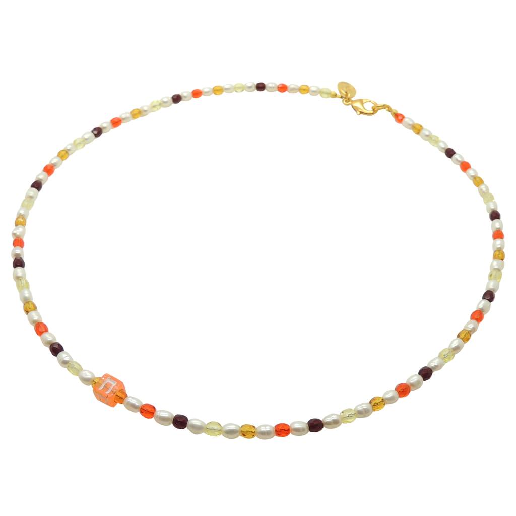 Dana Levy Multicolour Alef Bet Hebrew Initial Charm Freshwater Pearl Glass Crystal Bead Duo Necklace - Orange Chet Orange Red Spectrum