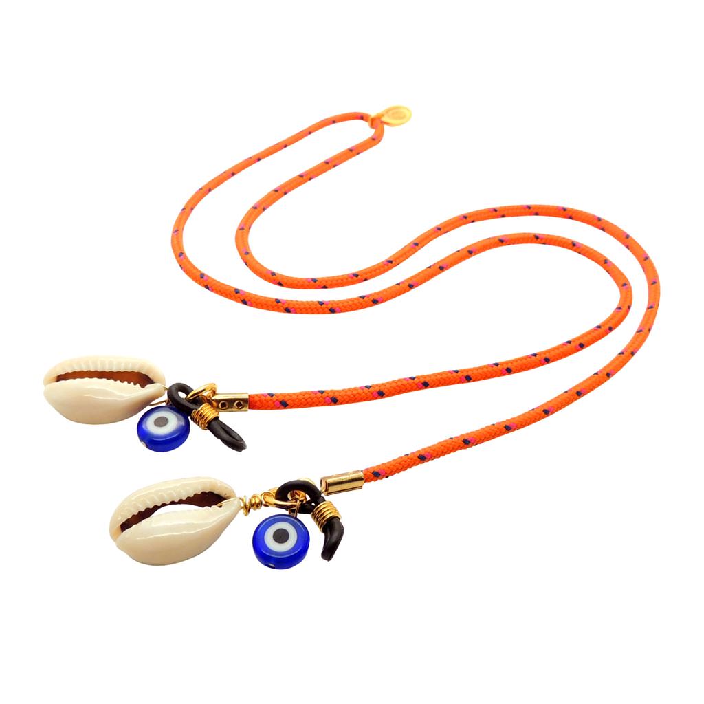 Dana Levy Seashell Charm Nautical Cord Glasses Chain - Orange Cord Royal Blue Evil Eye