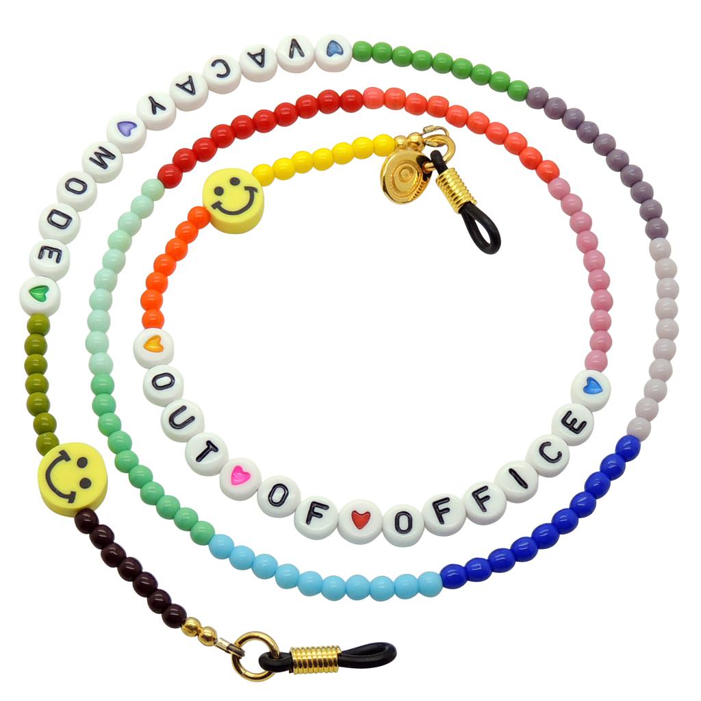 Dana Levy Personalised Alphabet Rainbow Glass Bead Glasses Chain - Out of Office Vacay Mode / Black Text on White Beads