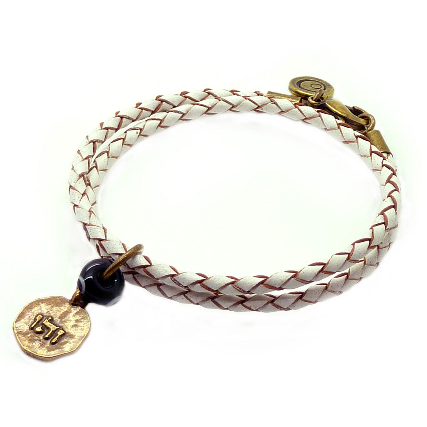 Dana Levy Kabbalah Blessing Evil Eye Double Leather Braid Bracelet - Ant. Gold White Mens 