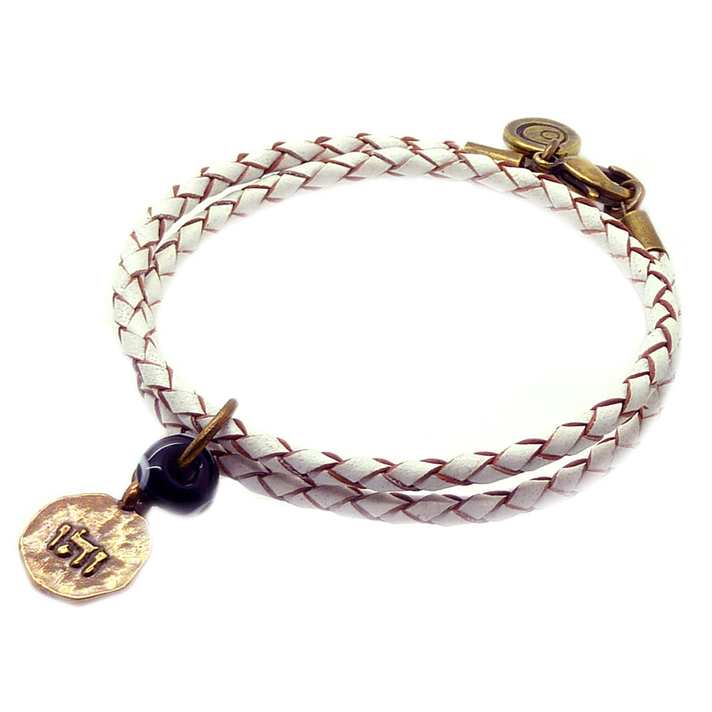 Dana Levy Kabbalah Blessing Token Evil Eye Double Leather Braid Bracelet - White Happiness