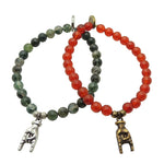 Dana Levy Men's Mano Cornuto Hand Charm Gemstone Bead Bracelet - Antique Silver / Moss Agate and Antique Gold / Carnelian