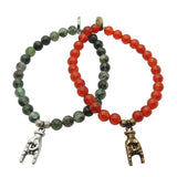 Dana Levy Men's Mano Cornuto Hand Charm Gemstone Bead Bracelet - Antique Silver / Moss Agate and Antique Gold / Carnelian