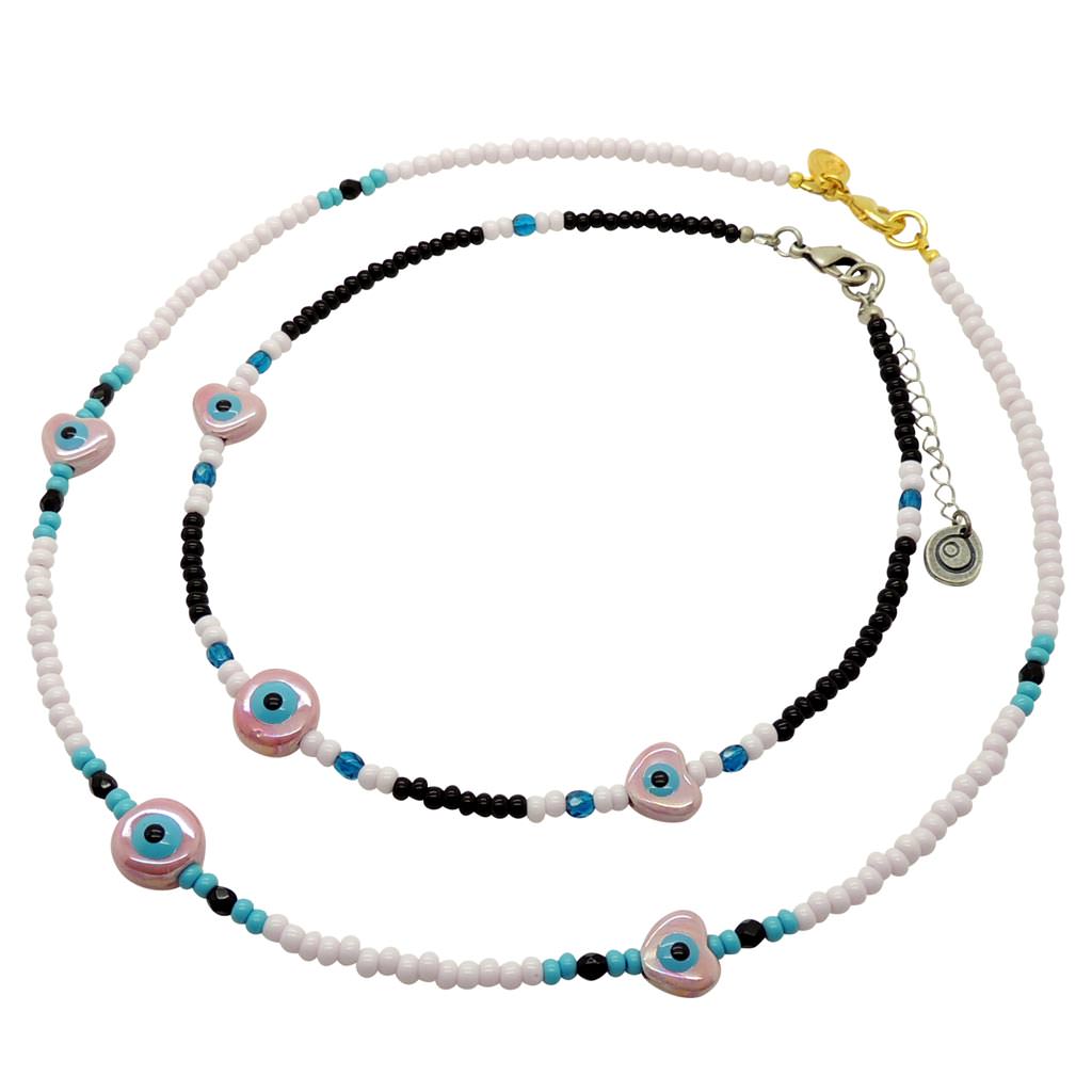 Dana Levy Ceramic Evil Eye Heart to Heart Charm Glass Bead Mix Necklace - Choker and Necklace Duo Baby Pink and Black 