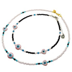 Dana Levy Ceramic Evil Eye Heart to Heart Charm Glass Bead Mix Necklace - Choker and Necklace Duo Baby Pink and Black 