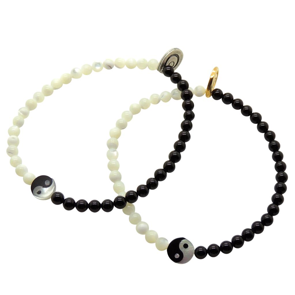 Dana Levy Yin Yang Charm Gemstone Duo Bracelet - Pair Antique Silver and Gold Plate
