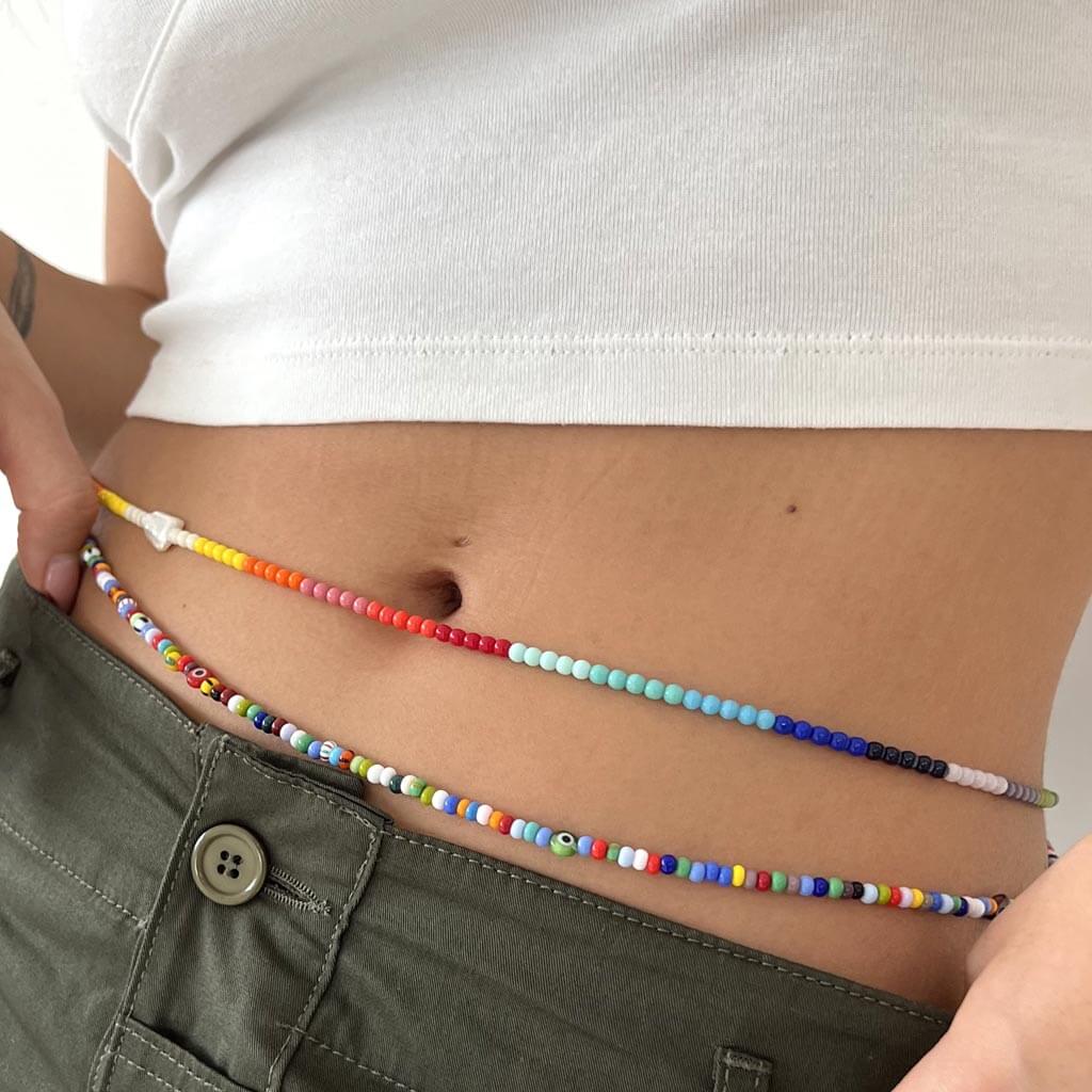 Dana Levy Multicolour Evil Eye Charm Balagan Glass Bead Belly Chain - Duo with Pearl Rainbow  Belly Chain  ThreadsGen