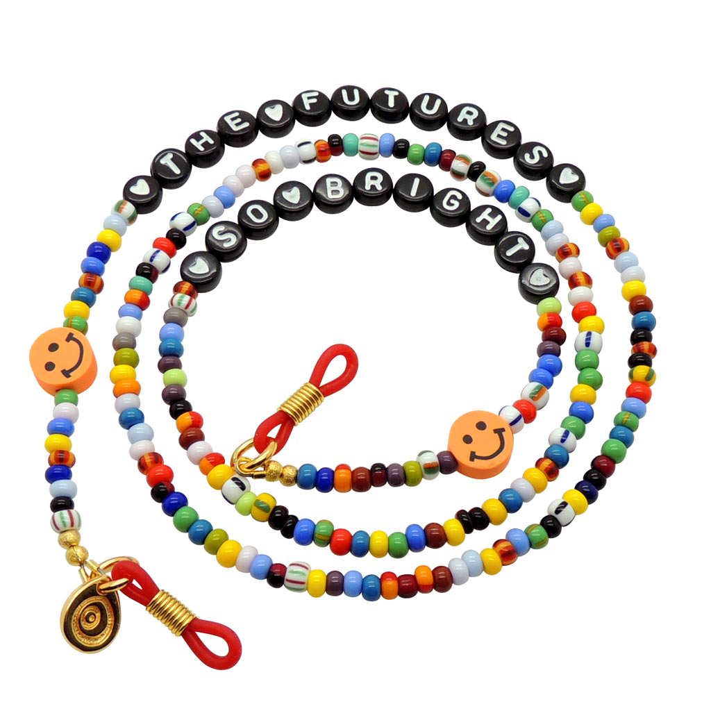 Dana Levy Personalised Alphabet Lucky Charm Balagan Glass Bead Glasses Chain - The Futures So Bright - Black Beads White Text
