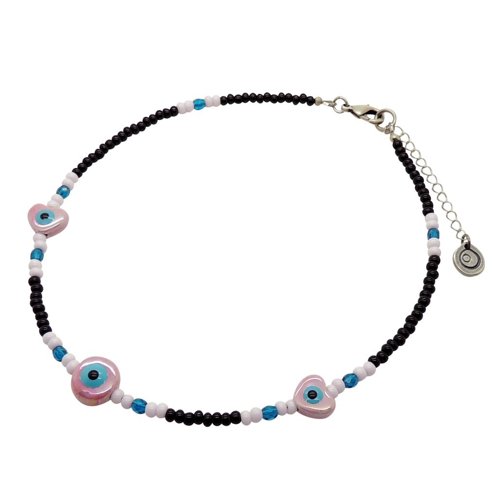 Dana Levy Ceramic Evil Eye Heart to Heart Charm Glass Bead Mix Choker - Pearlized Pink / Black / Baby Pink / Capri 
