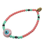 Dana Levy Ceramic Evil Eye Charm Glass Bead Mix Bracelet - Pearlized Pink Eye / Aqua / Dark Rose/Jet Black