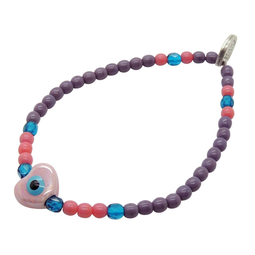 Dana Levy Ceramic Evil Eye Heart Charm Glass Bead Mix Bracelet - Pearlized Pink / Dark Lilac/Dark Rose/ Capri 