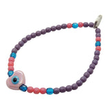 Dana Levy Ceramic Evil Eye Heart Charm Glass Bead Mix Bracelet - Pearlized Pink / Dark Lilac/Dark Rose/ Capri 