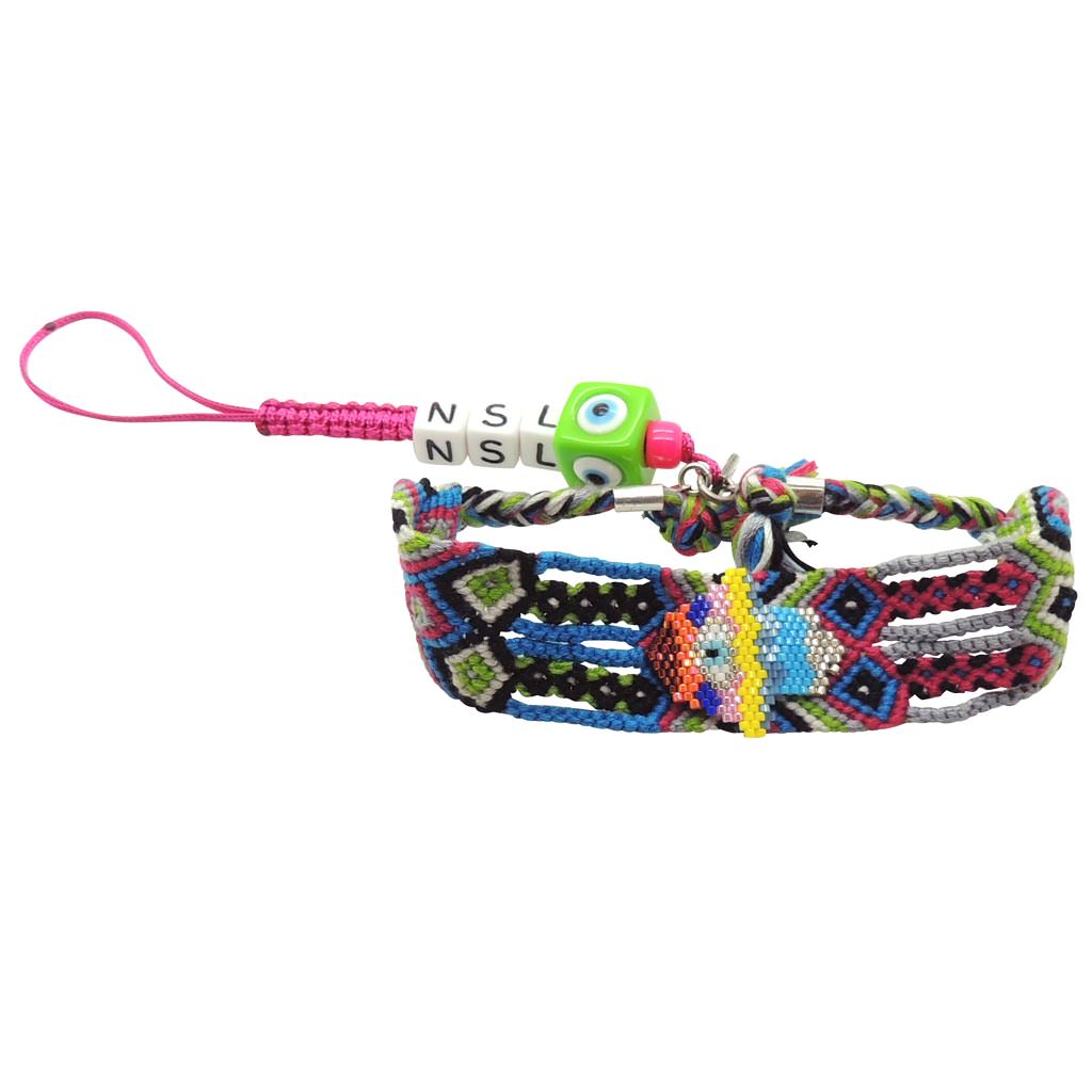 Dana Levy Personalised Initial Lucky Charm Beaded Maxi Friendship Phone Strap - Rainbow Hamsa on Grey/Pink/Black/Green Strap