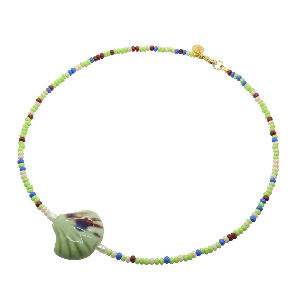 Dana Levy Porcelain Seashell Charm Glass Rocaille Bead Mix Necklace - Pistachio/Cream/Blue/Brown
