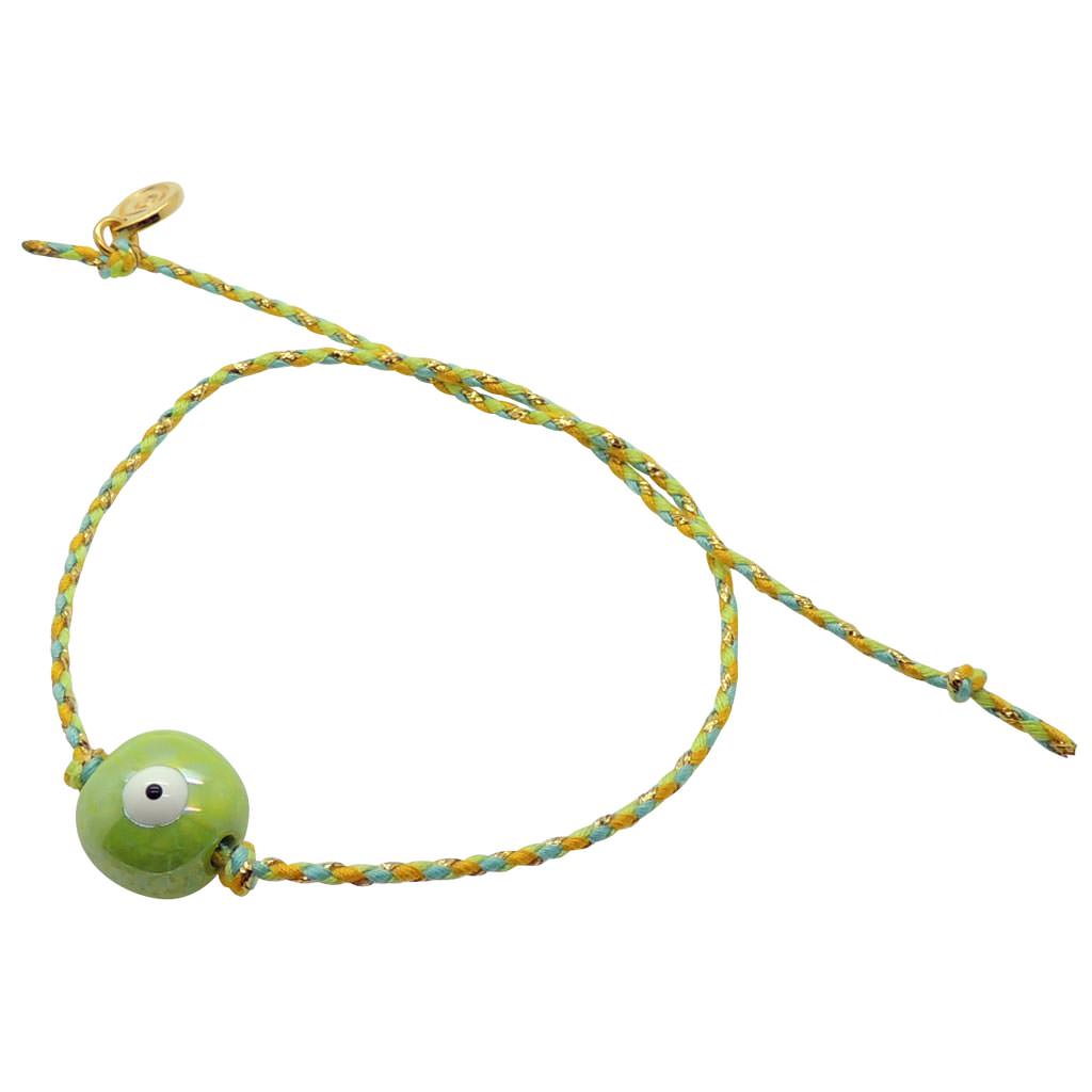 Dana Levy Ceramic Evil Eye Bubble Charm Multicolour Braid Cord Bracelet - Pearlized Pistachio on Lime/Yellow/Turquoise