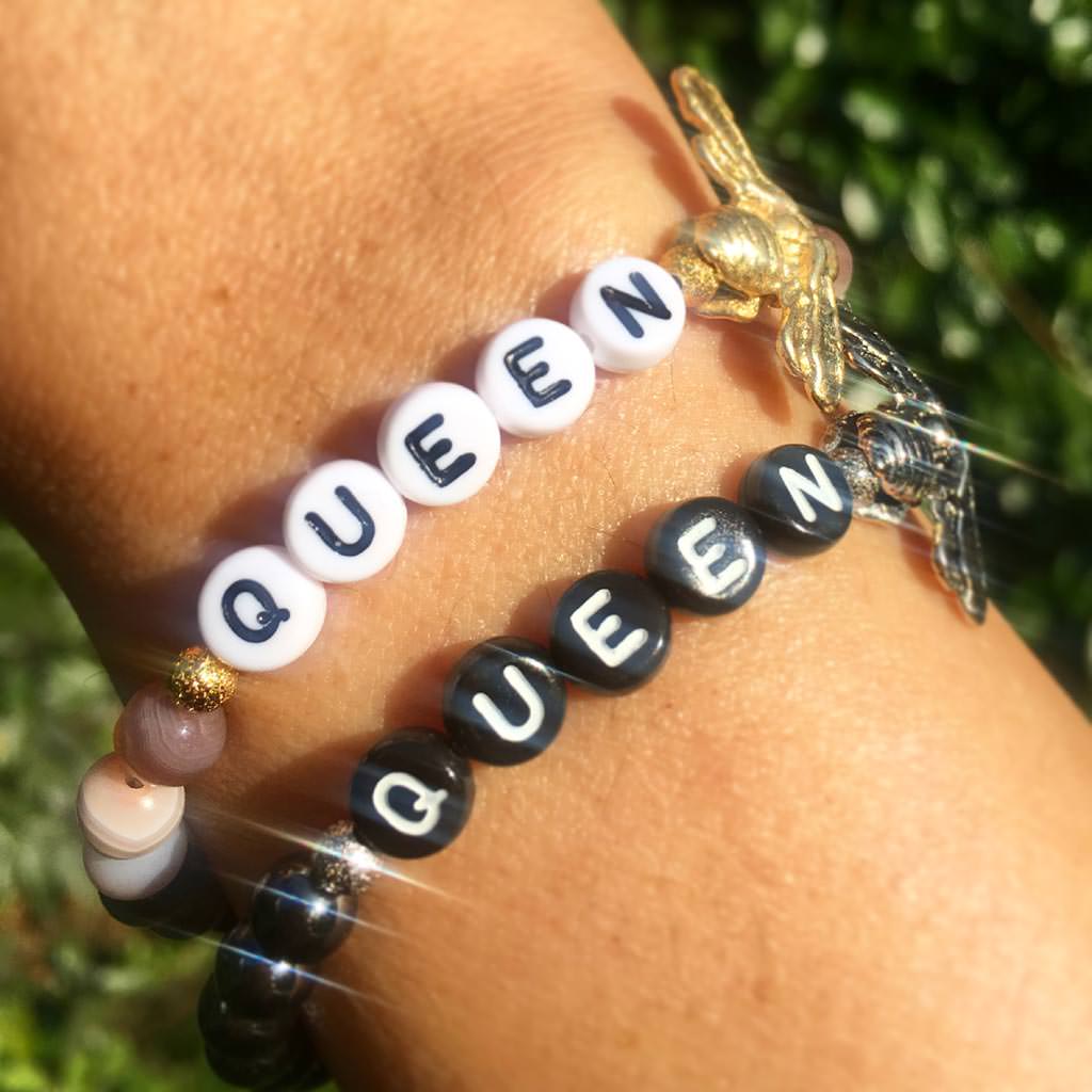 Dana Levy Queen Bee Alphabet Charm Gemstone Bead Bracelet - Duo on Wrist 