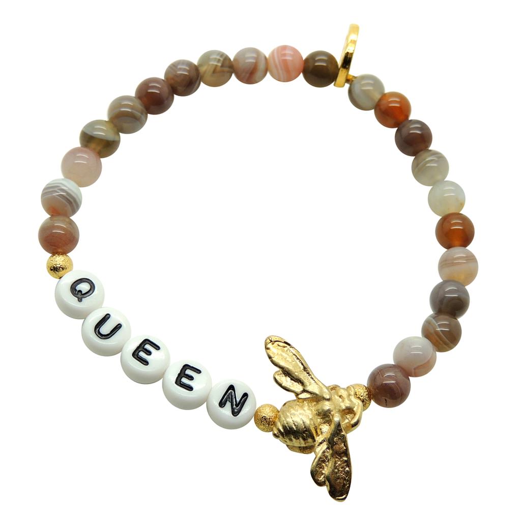 Dana Levy Queen Bee Alphabet Charm Gemstone Bead Bracelet - Gold Botswana Agate