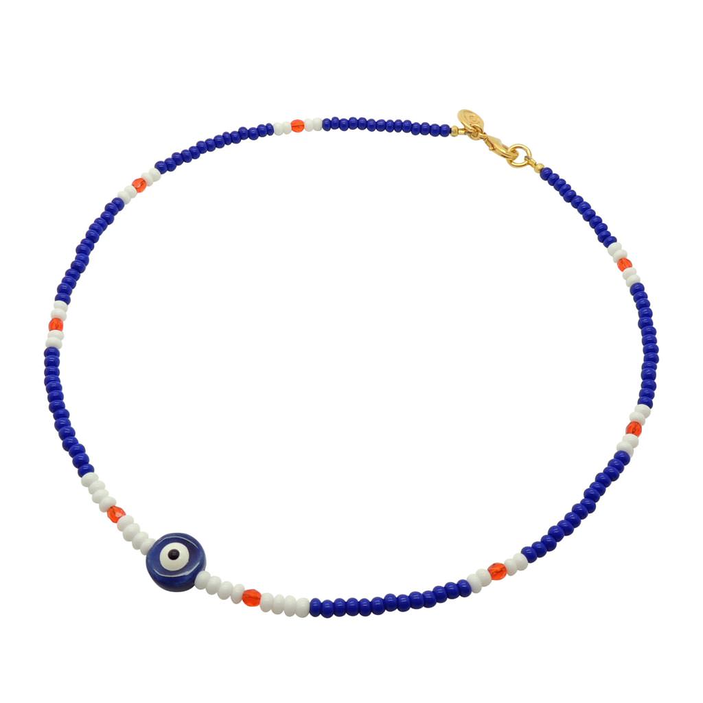 Dana Levy Ceramic Evil Eye Charm Glass Bead Mix Necklace - Royal Blue Eye / Navy Blue-White-Bright Orange