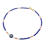 Dana Levy Ceramic Evil Eye Charm Glass Bead Mix Necklace - Royal Blue Eye / Navy Blue-White-Bright Orange