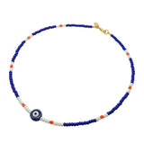 Dana Levy Ceramic Evil Eye Charm Glass Bead Mix Necklace - Royal Blue Eye / Navy Blue-White-Bright Orange