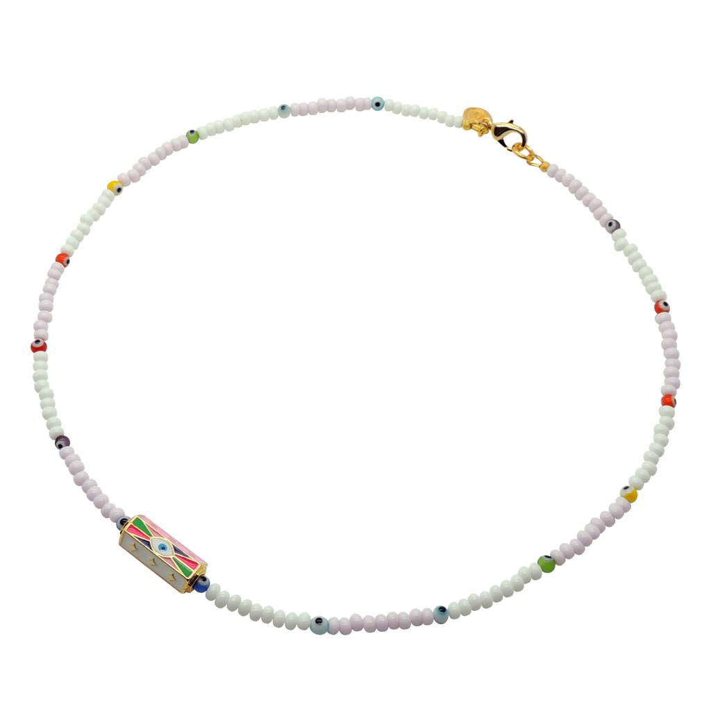 Dana Levy Enamel Evil Eye Barrel Charm Glass Rocaille Bead Mix Necklace - Rainbow