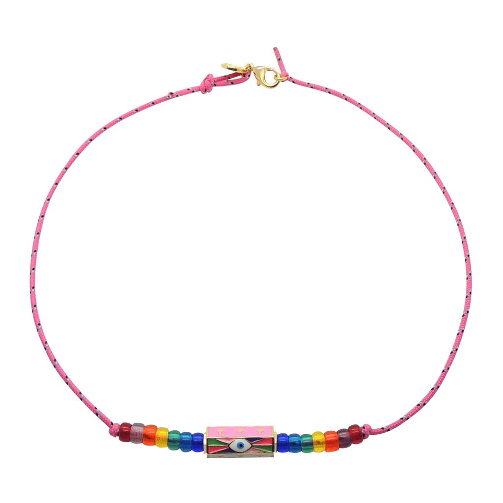 Dana Levy Enamel Evil Eye Barrel Charm Nautical Cord Necklace - Rainbow Evil Eye / Pink Cord