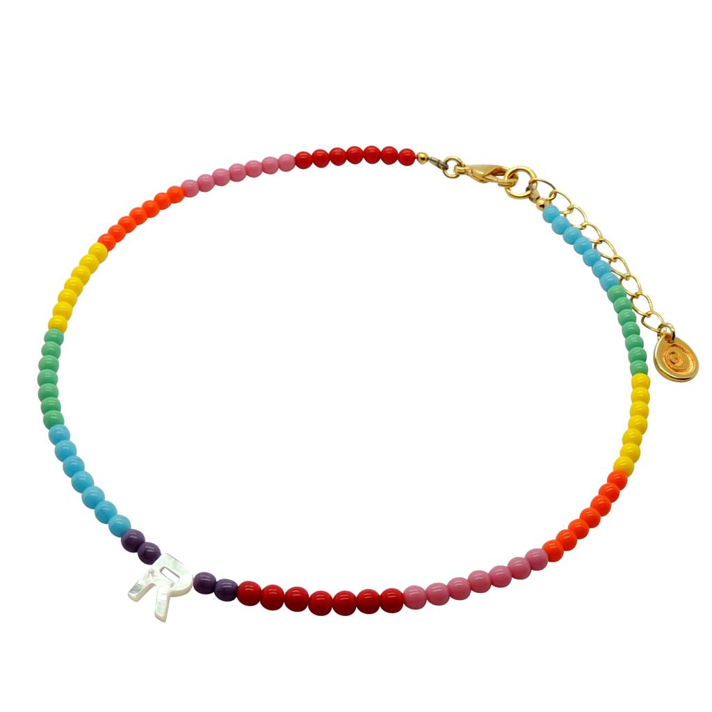 Dana Levy Mother of Pearl Shell Alphabet Letter Charm Ombre Czech Glass Bead Choker - Letter R Rainbow Gradient Mix Gold Plate 