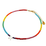 Dana Levy Mother of Pearl Shell Alphabet Letter Charm Ombre Czech Glass Bead Choker - Letter R Rainbow Gradient Mix Gold Plate 